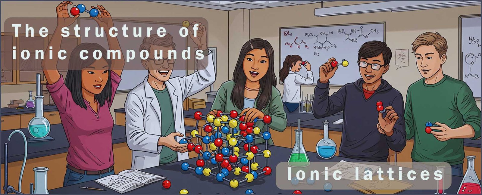 ionic compounds header image- shows students building ionic lattice